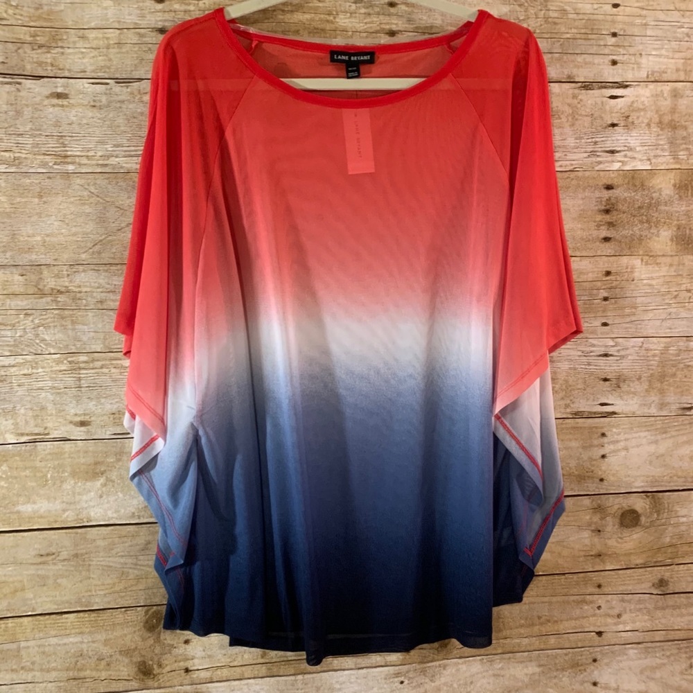 Lane Bryant Red White Blue Ombré Mesh Poncho Top Semi-Sheer 14/16 Patriotic